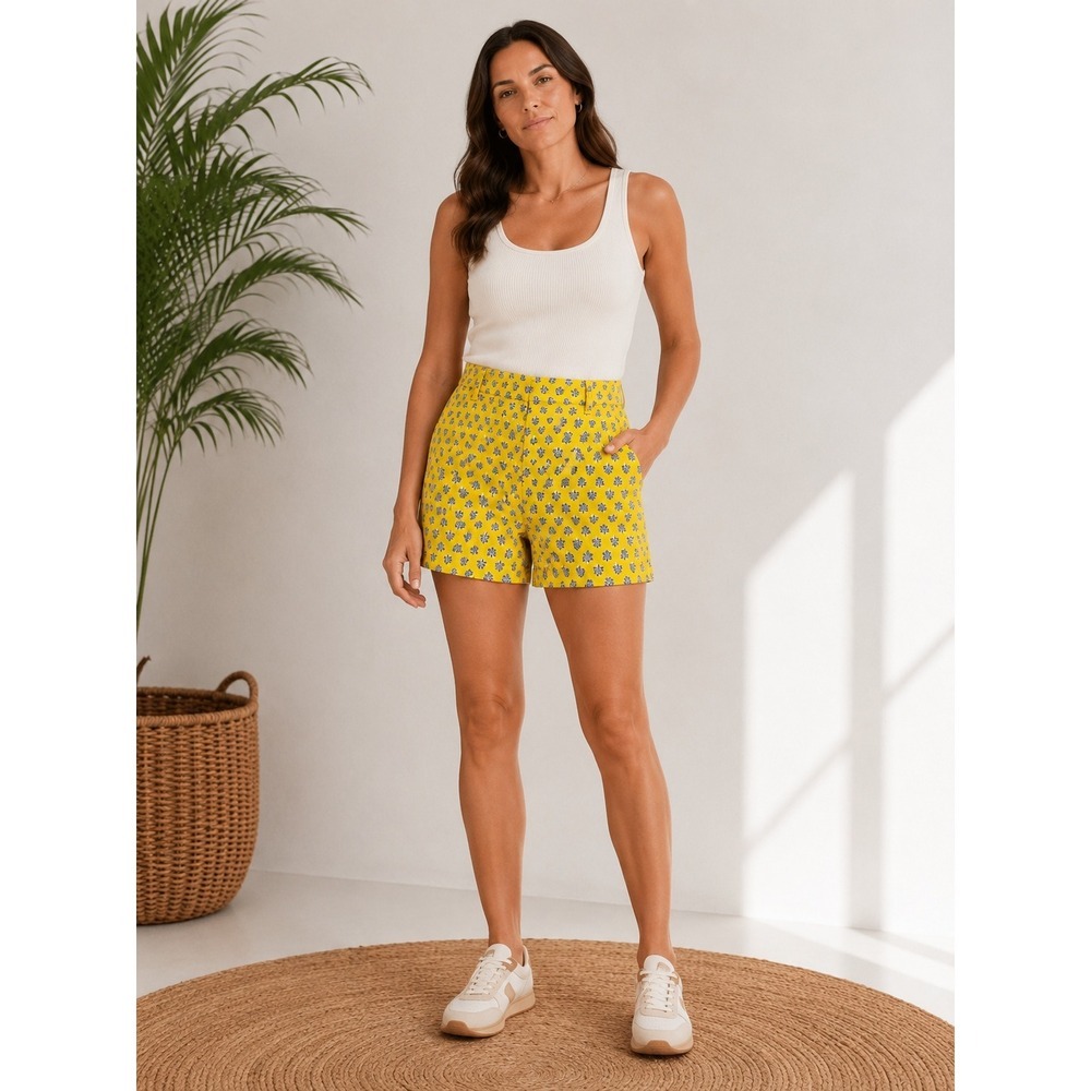 J.Crew Chino Shorts Floral Block Print Preppy Cotton Yellow 8 Summer Coastal